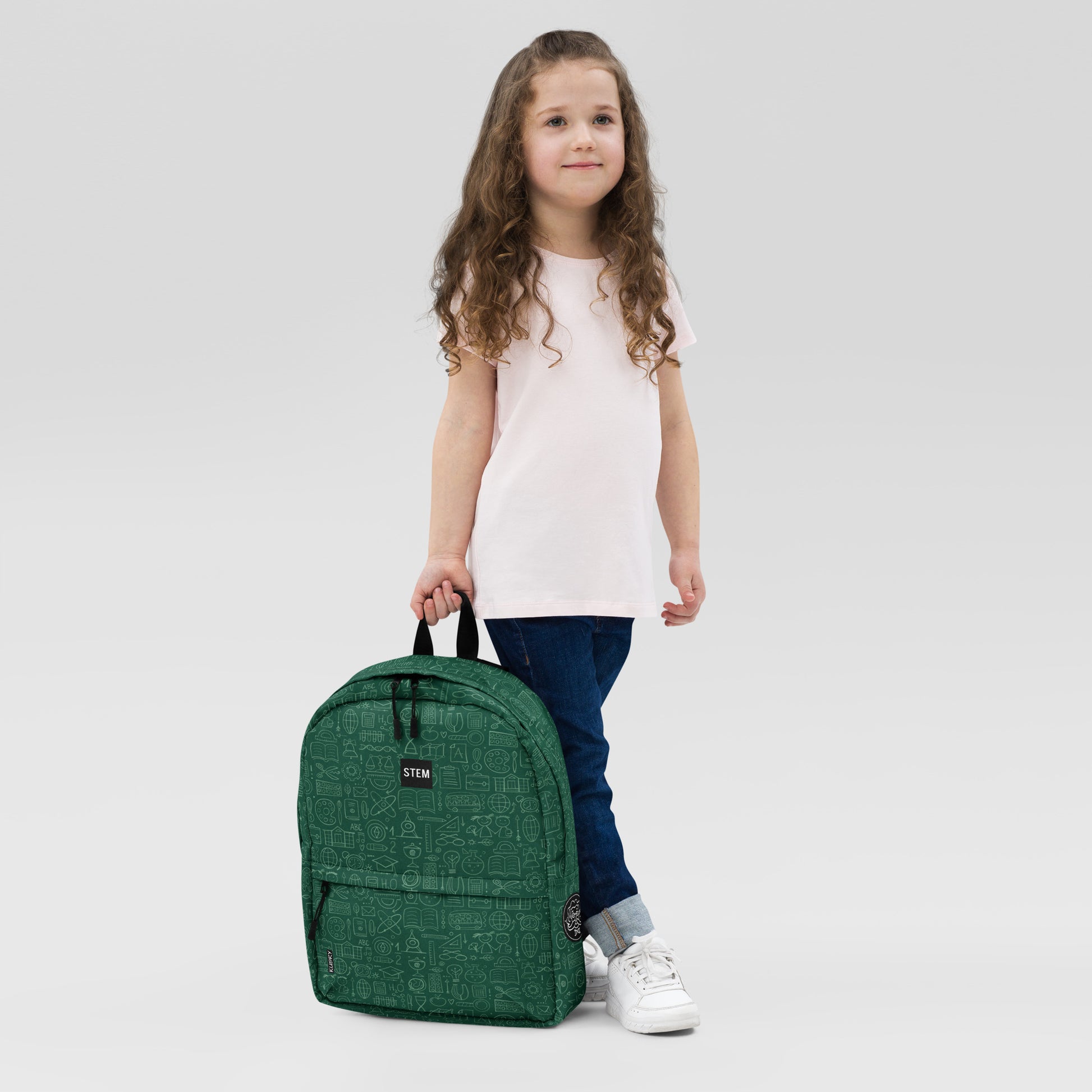 Curly Girl with Personalised School Backpack dark green color,  STEM-themed, stylish designer print