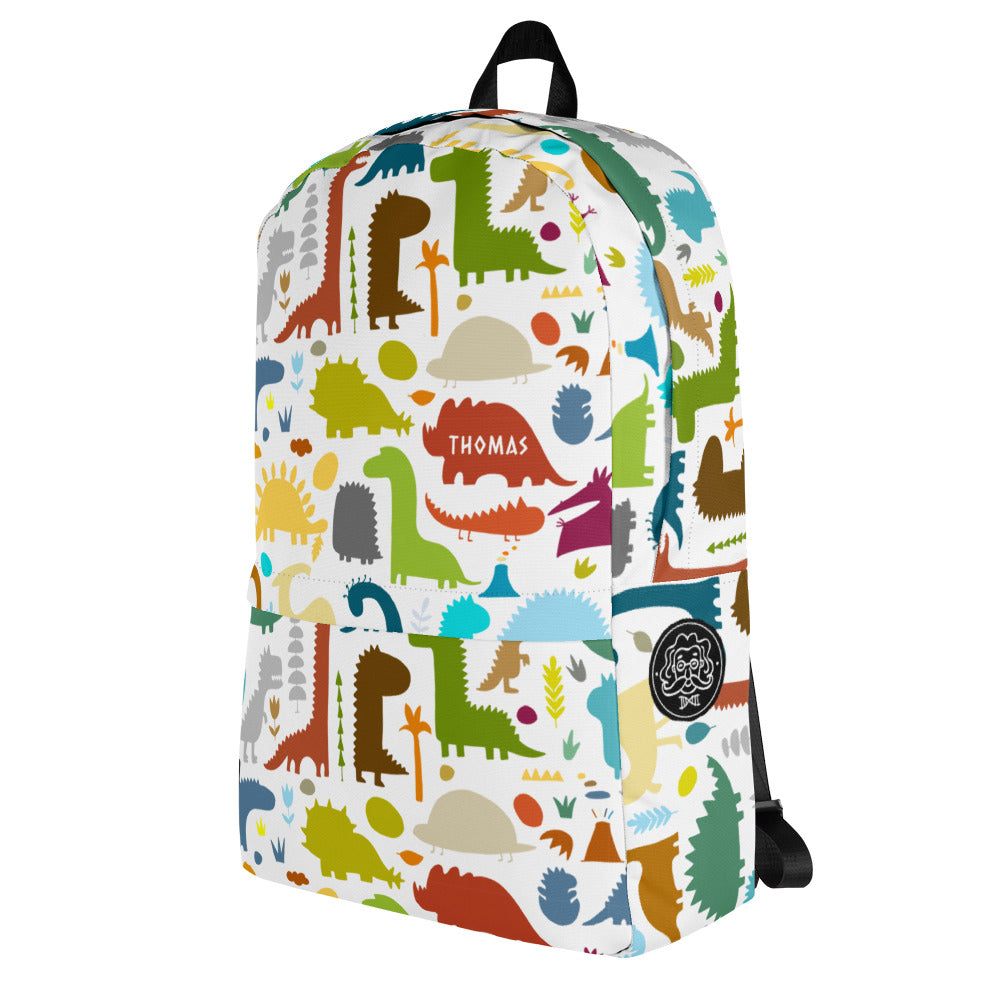 Paleontology Backpack white with colorful Dinosaurs designer print and personalised text. Right side