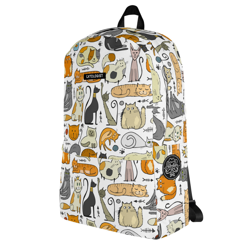 Personalised white Backpack with funny designer print - Cats of different breeds. Sample text on backpack -Catologist. Left side