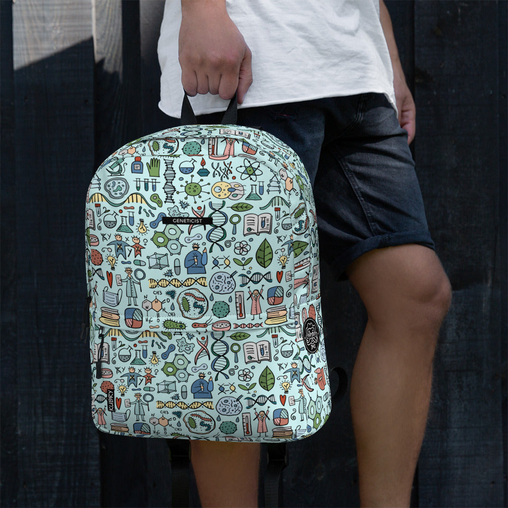 man hold Personalised Backpack with Genetic, Biology, Chemistry design elements