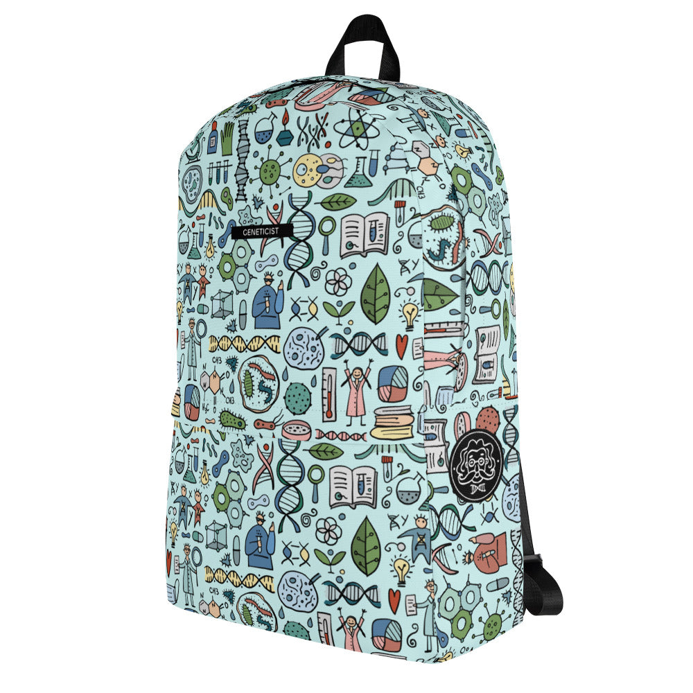 Personalised Backpack with Genetic, Biology, Chemistry design elements on light blue color. Left