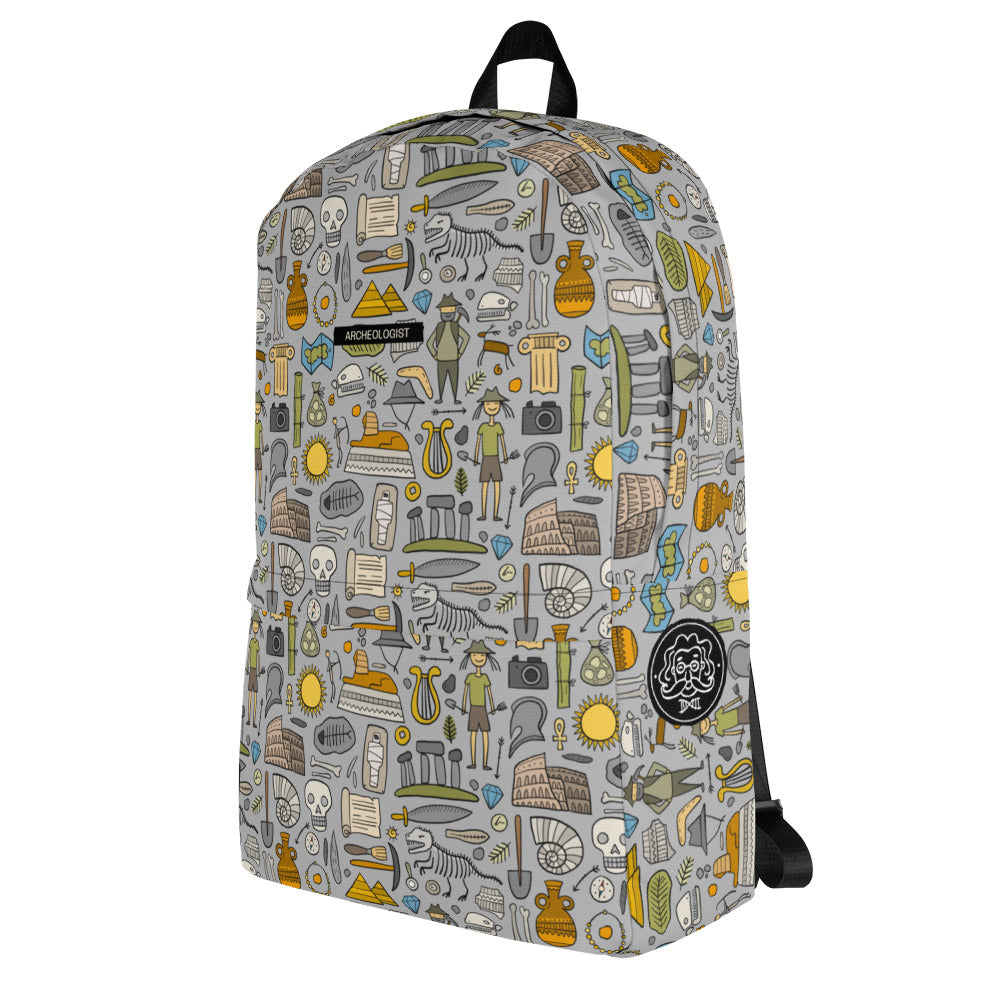 Personalised Backpack for Archeology lover, stylish designer print on grey. Basic text you can change - Archeologist. Left side