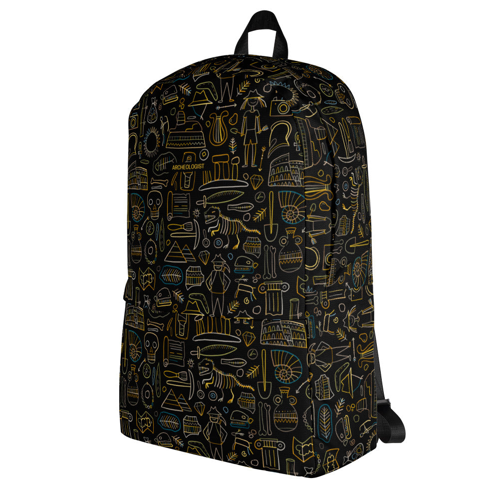 Personalised Backpack for Archeology lover, stylish designer print on black. Basic text you can change - Archeologist. Left