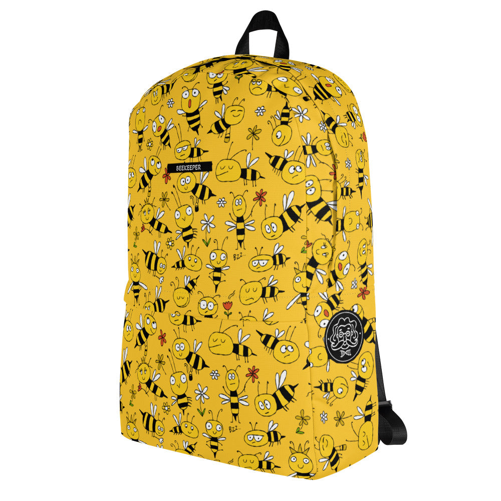 Personalised Backpack yellow with funny bees. Left side