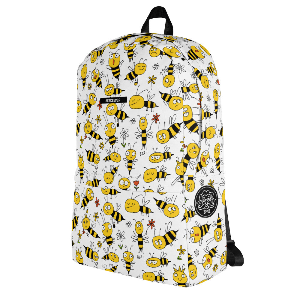 Boy with personalised Backpack with funny bees on white. Basic text you can change - Beekeeper. Left side