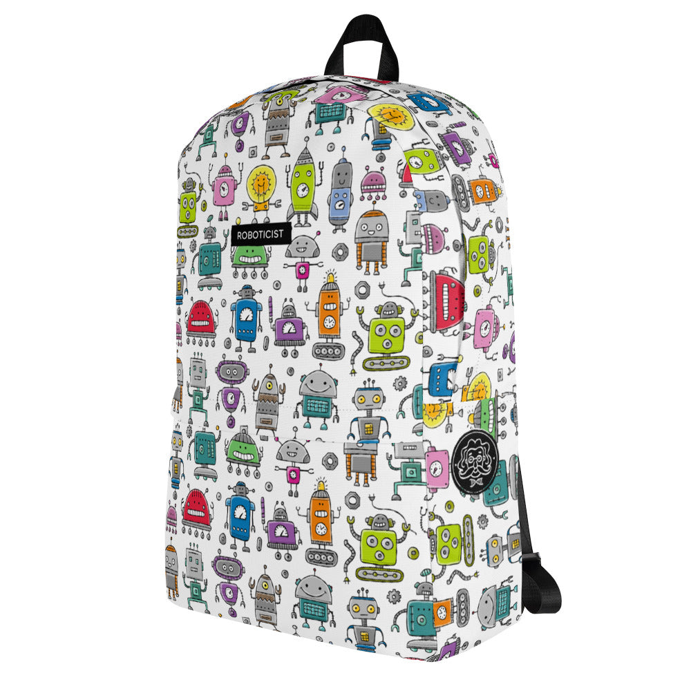 Personalised Backpack with funny Robots and basic text - Roboticist. Left