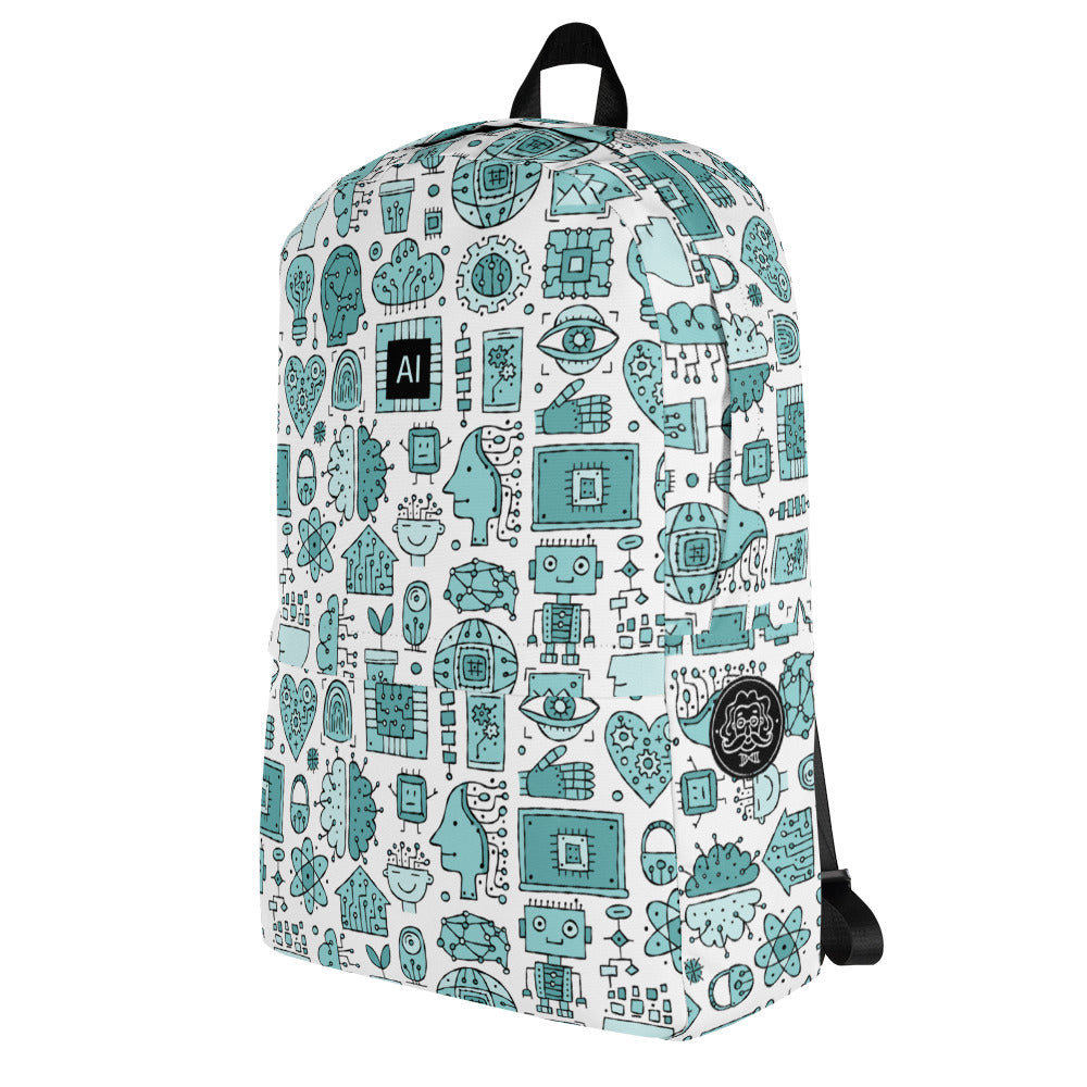 Personalised Backpack AI, turquoise color on white, Artificial Intelligent themed, stylish designer print. Left side