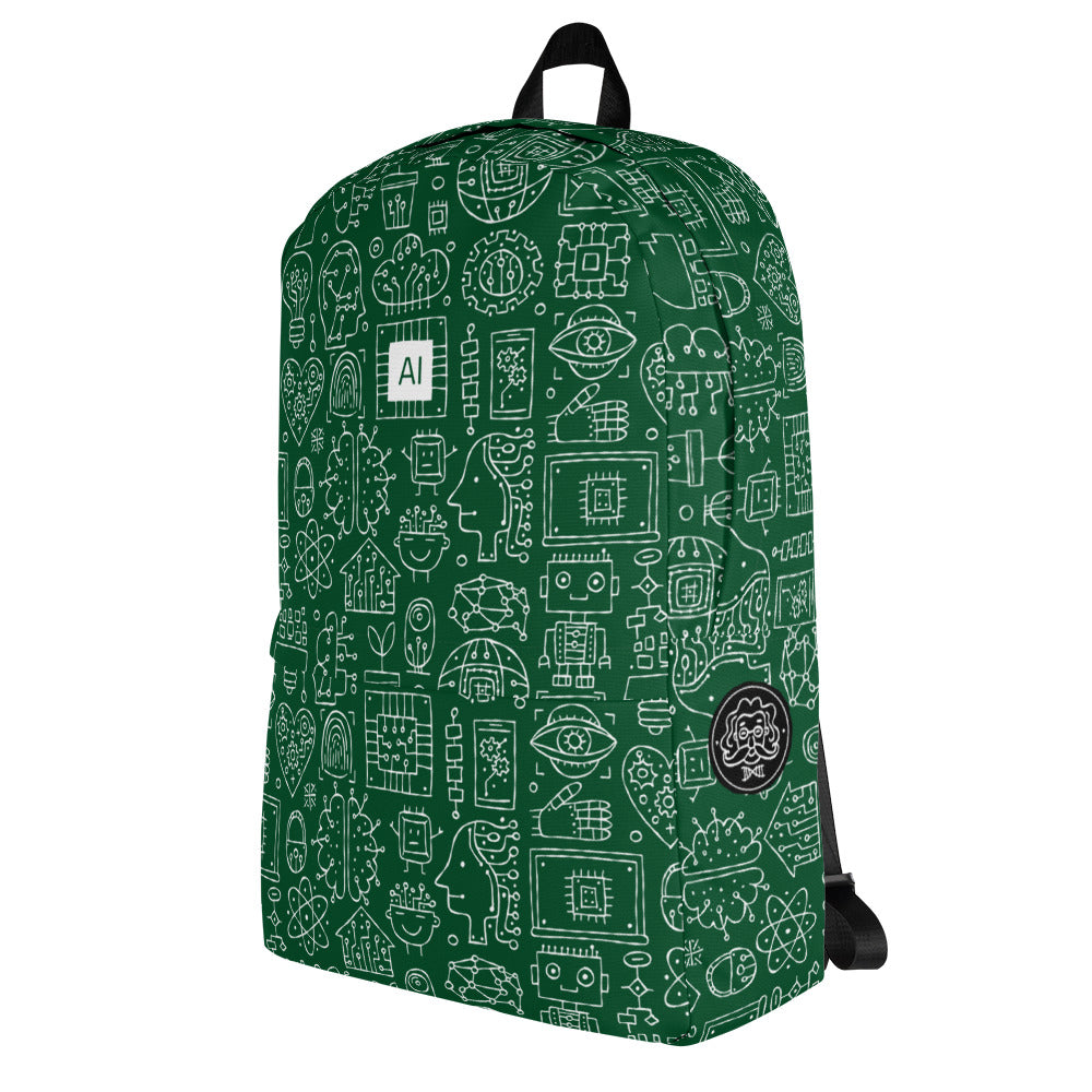 Personalised Backpack AI, dark green color, Artificial Intelligent themed, stylish designer print. Left side