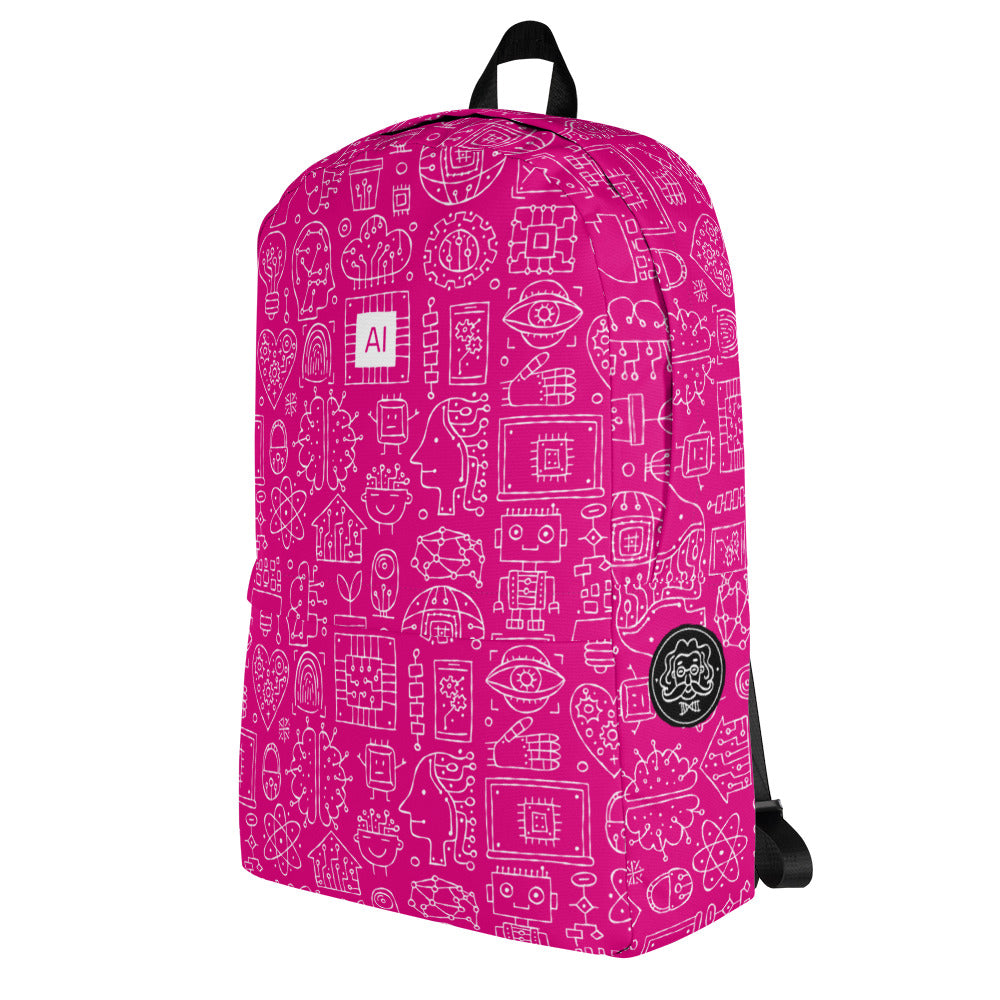 Personalised Backpack AI, pink color, Artificial Intelligent themed, stylish designer print. Left side