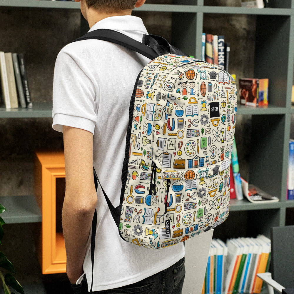 Boy with Personalised School Backpack, STEM-themed, stylish designer print