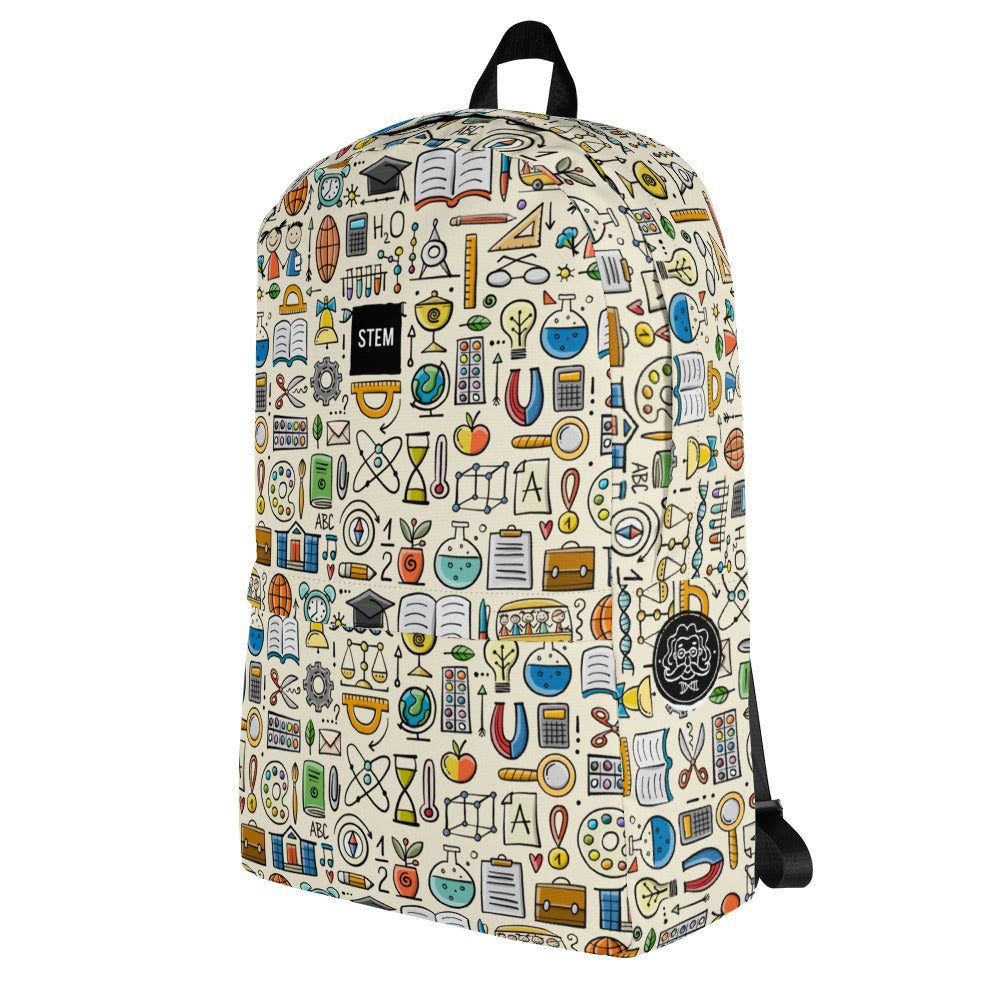 Personalised School Backpack, STEM-themed, stylish designer print. Left side