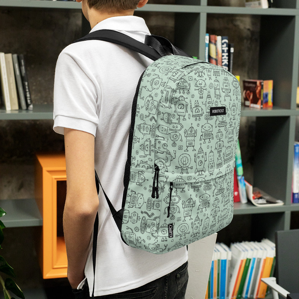 Schoolboy with Personalised Backpack light green color with funny Robots and basic text - Roboticist