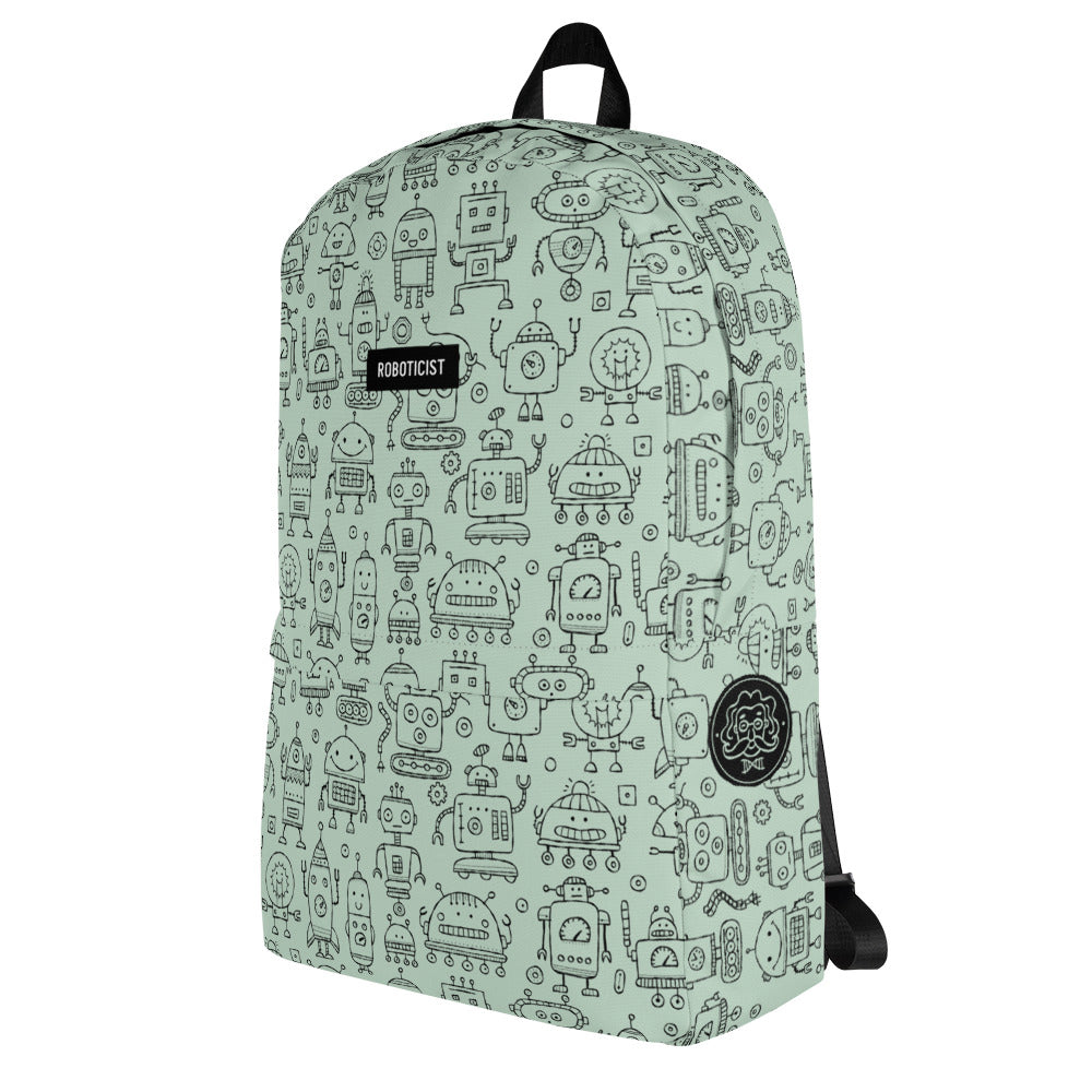 Personalised Backpack light green color with funny Robots and basic text - Roboticist. left side