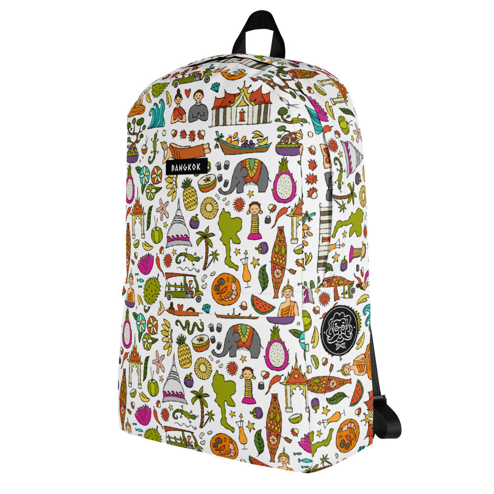 Personalised Backpack for travelers with bright designer print Thailand. Basic text you can change - Bangkok. Left side