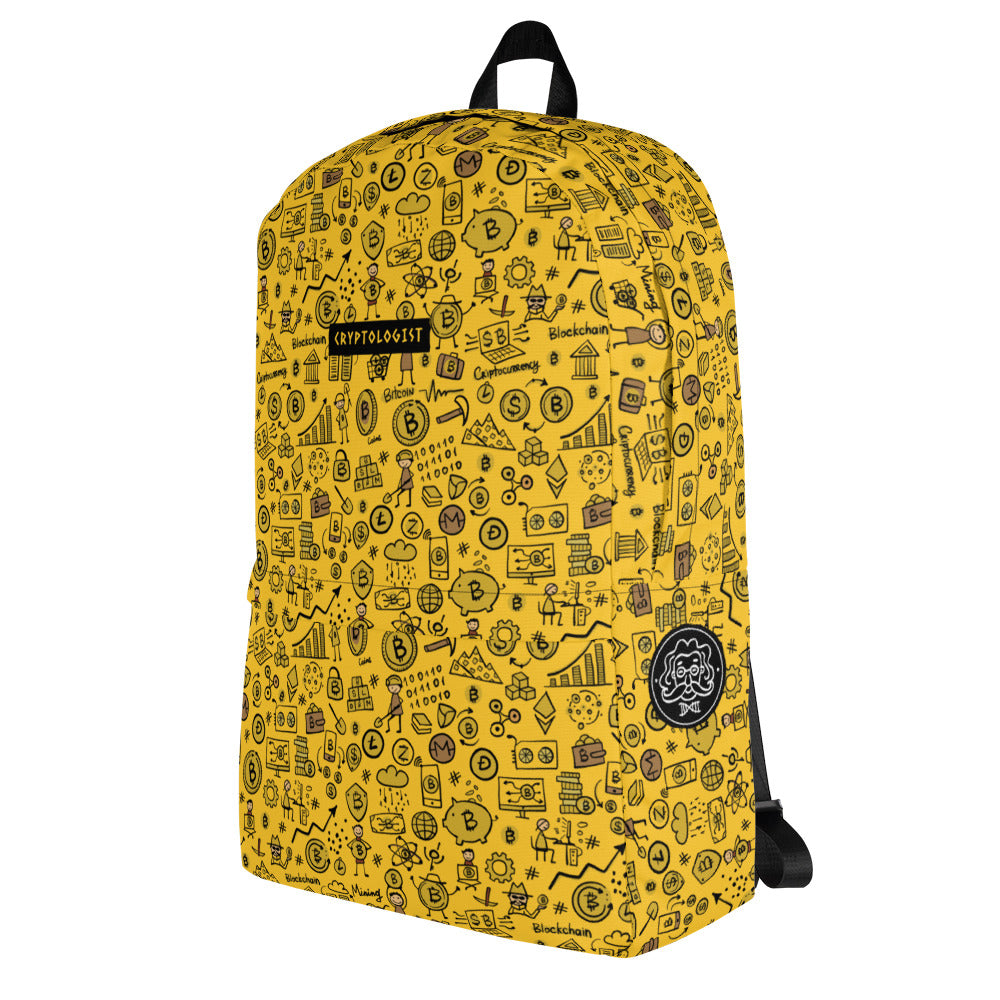 Personalised Cryptocurrency Backpack yellow color, funny designer print with mining Bitcoins concept art. left side