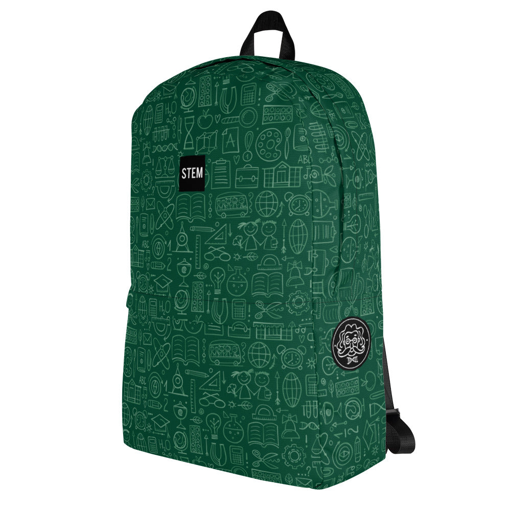 Personalised School Backpack, dark green color,  STEM-themed, stylish designer print. Kudry