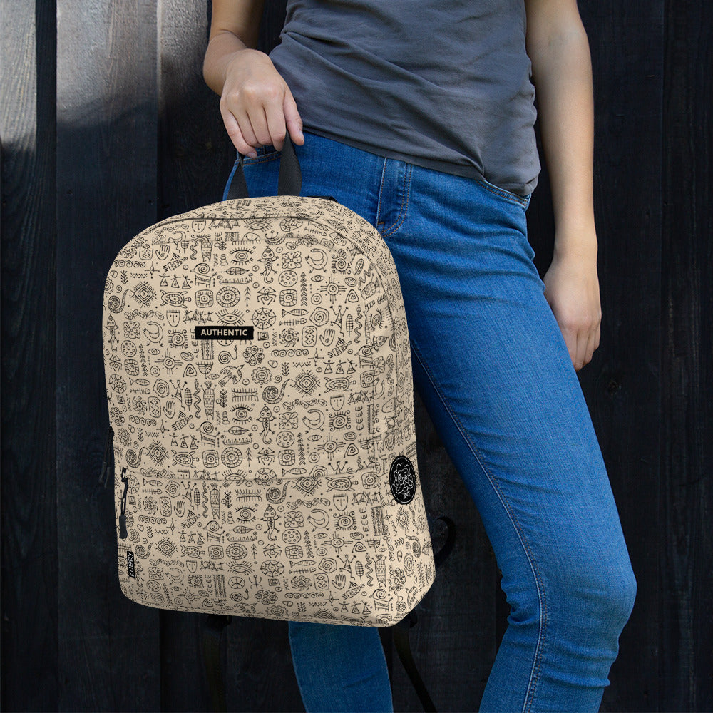 Woman with authentic backpack with black ethnic ornament include mexican, polynesian, tribal decor and design elements, beige color background and black ornaments - mascot animals, totem symbols, people, cave drawings etc. Free Personalised option / Your custom text here.