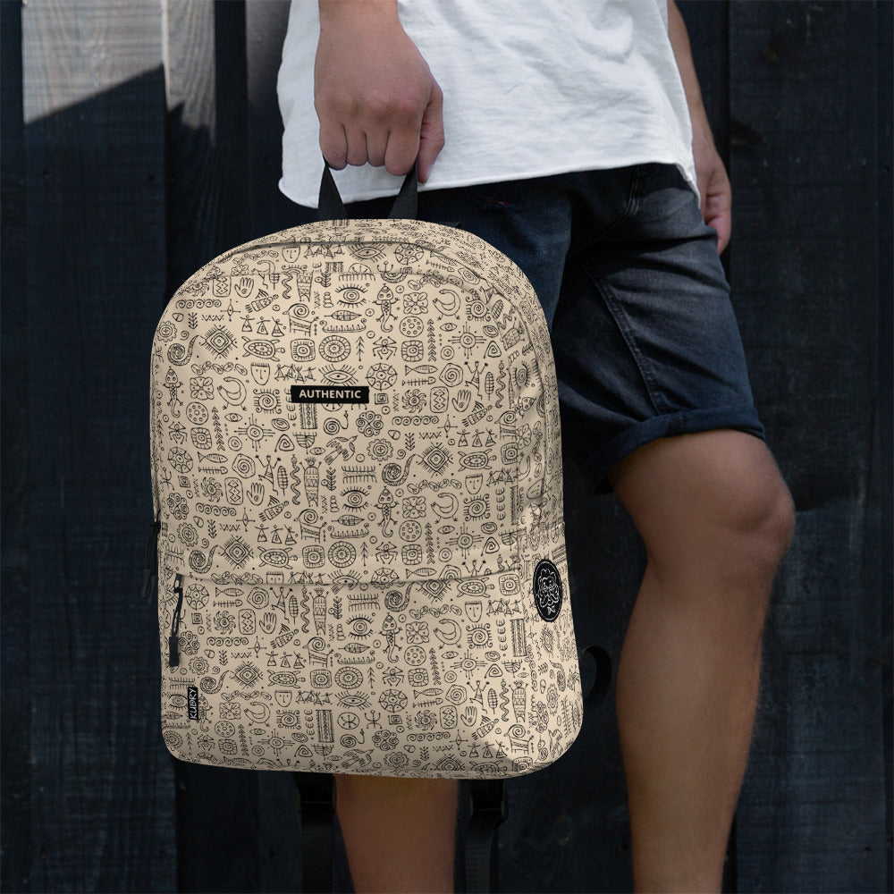 Man with authentic backpack with black ethnic ornament include mexican, polynesian, tribal decor and design elements, beige color background and black ornaments - mascot animals, totem symbols, people, cave drawings etc. Free Personalised option / Your custom text here.