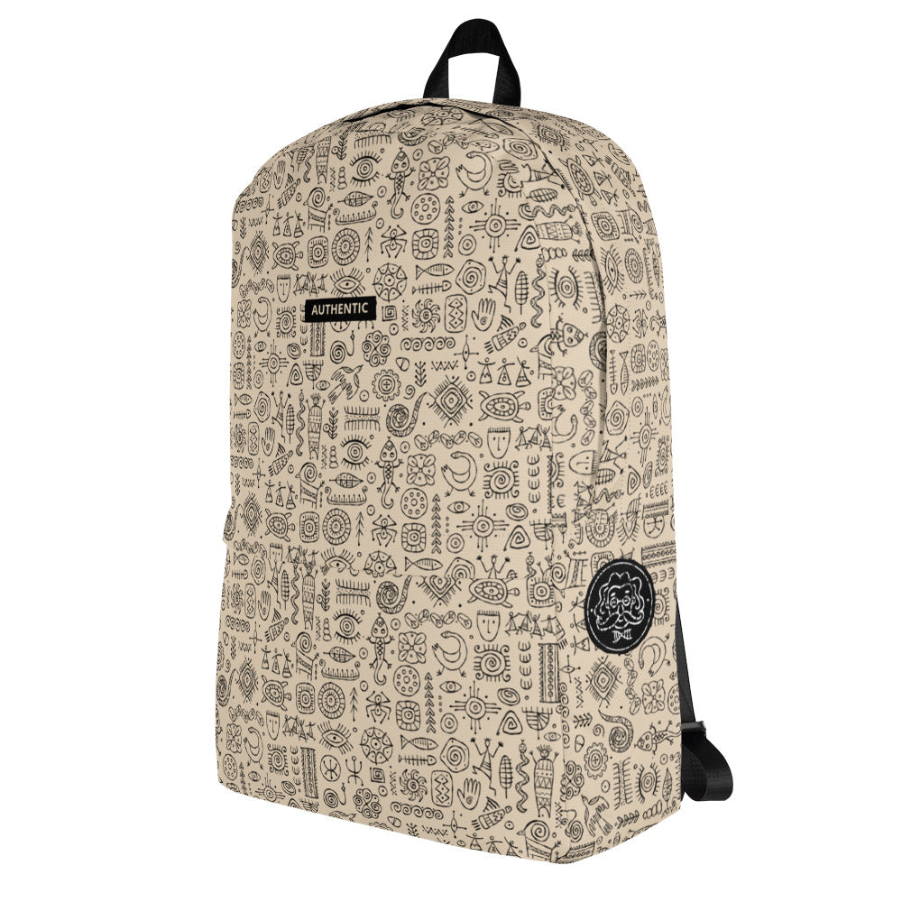 Stylish authentic backpack with black ethnic ornament include mexican, polynesian, tribal decor and design elements, beige color background and black ornaments - mascot animals, totem symbols, people, cave drawings etc. Free Personalised option / Your custom text here.