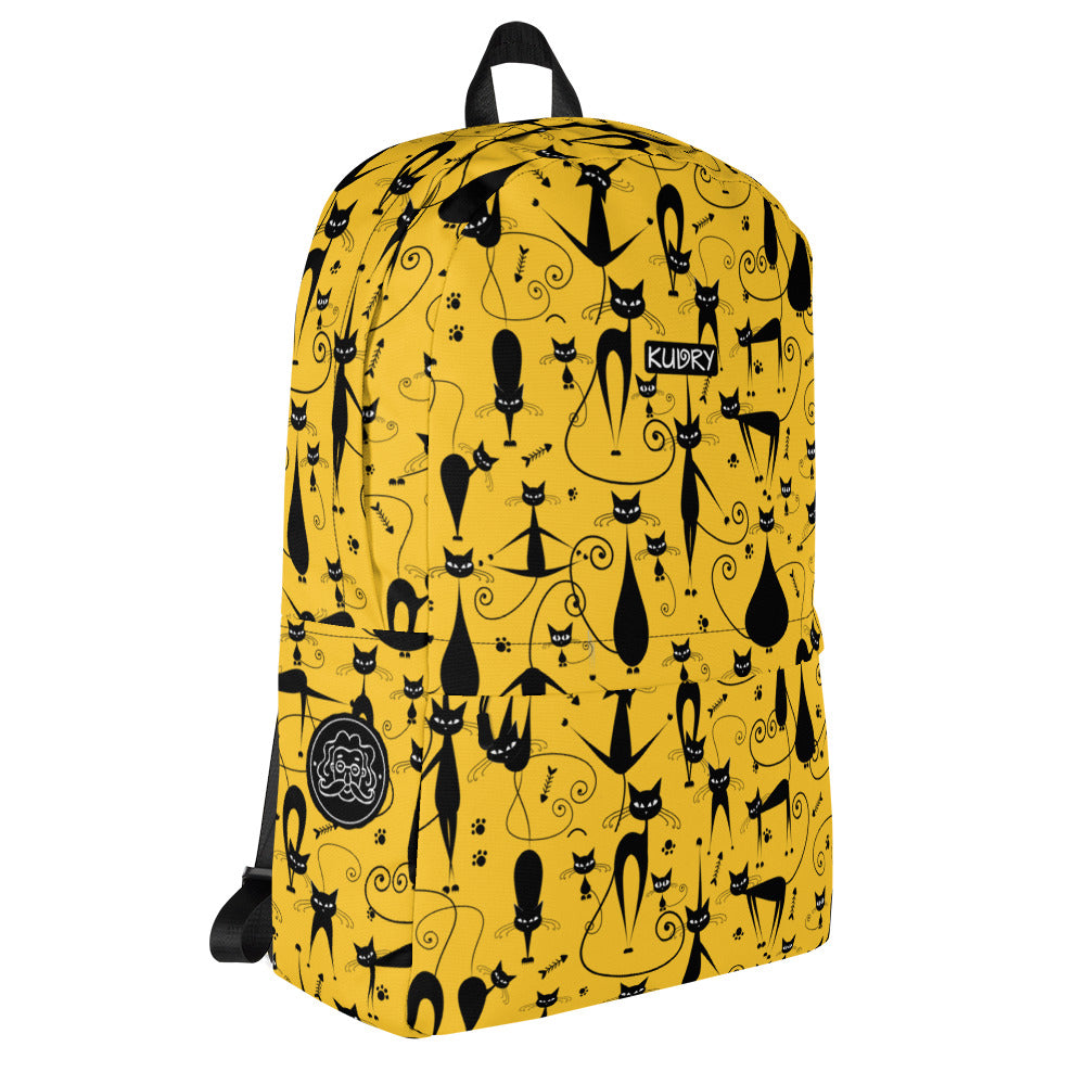 Yellow backpack with cool black cats family isolated on white. Kudry