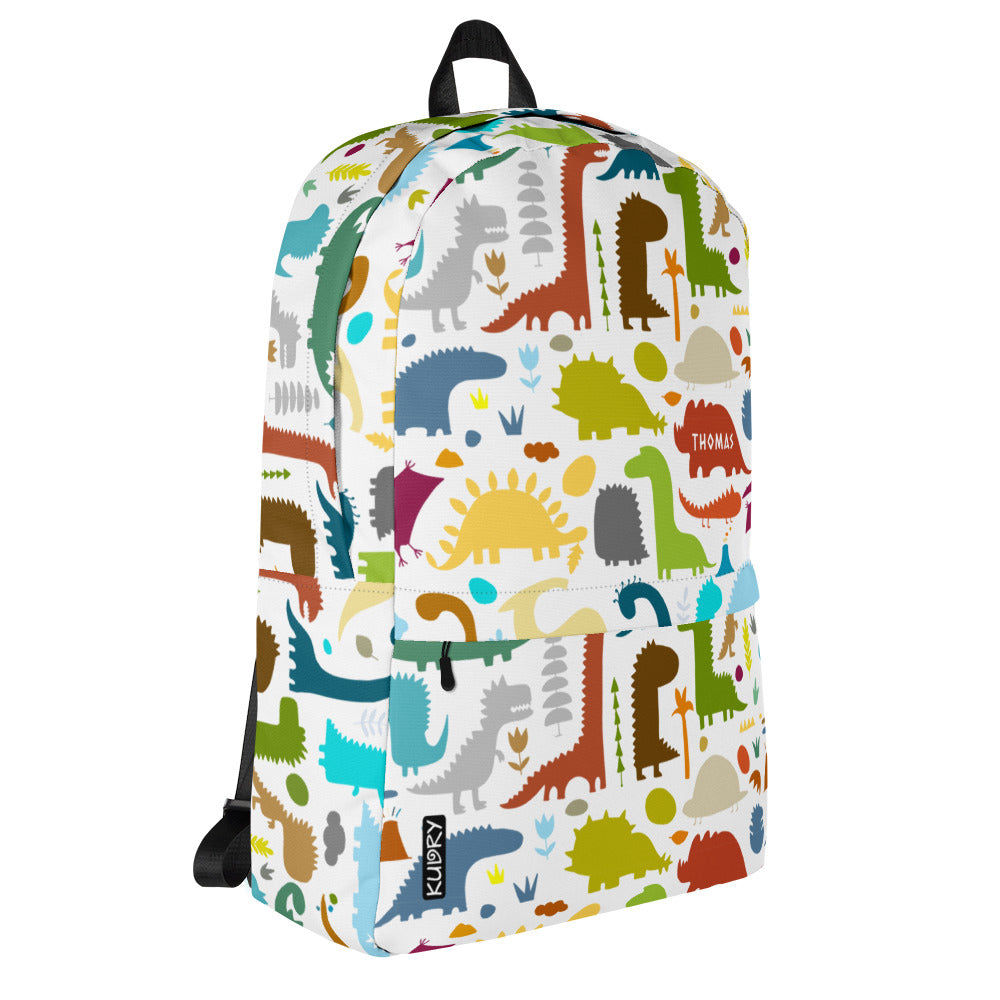 Paleontology Backpack white with colorful Dinosaurs designer print and personalised text. Left side