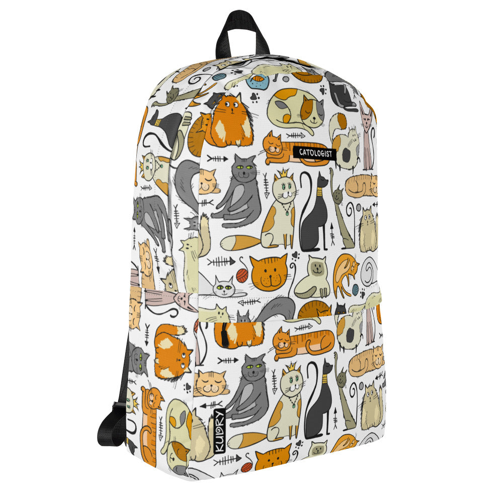 Personalised white Backpack with funny designer print - Cats of different breeds. Sample text on backpack -Catologist. right side
