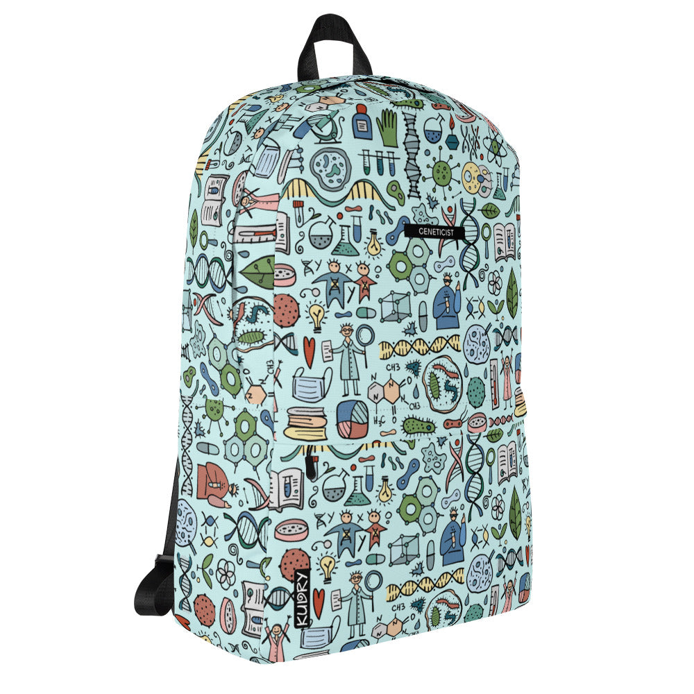 Personalised Backpack with Genetic, Biology, Chemistry design elements on light blue color. Right