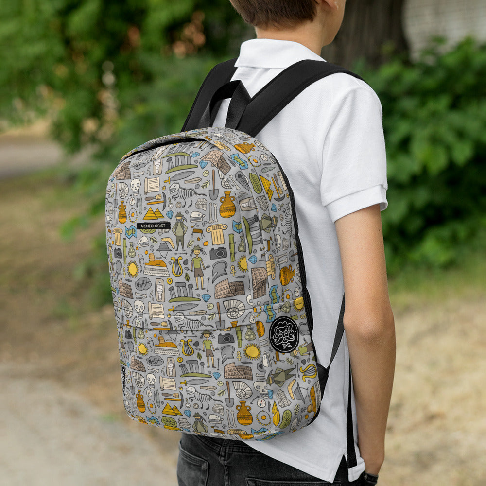 Schoolboy with Personalised Backpack for Archeology lover, stylish designer print on grey. Basic text you can change - Archeologist