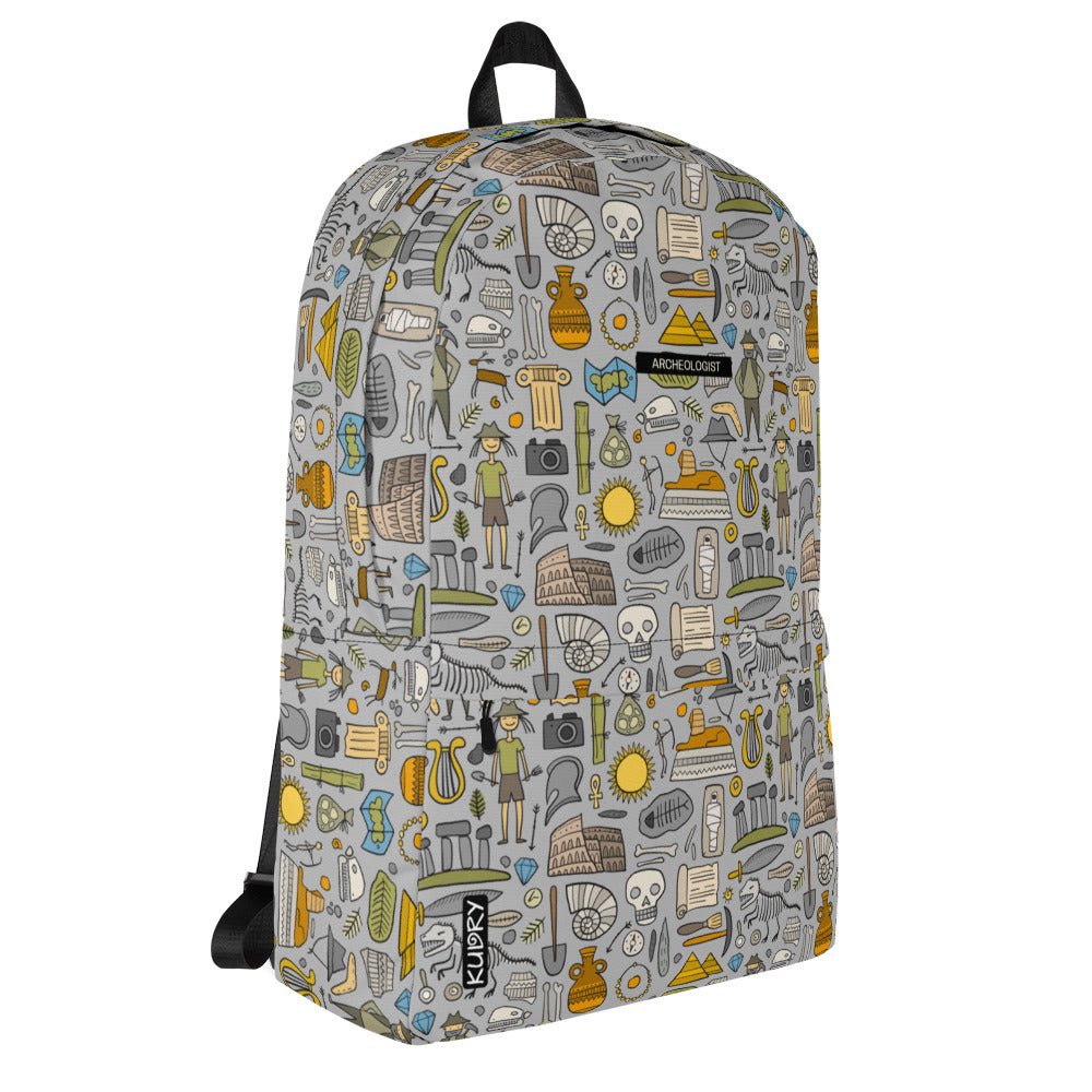 Personalised Backpack for Archeology lover, stylish designer print on grey. Basic text you can change - Archeologist. Right
