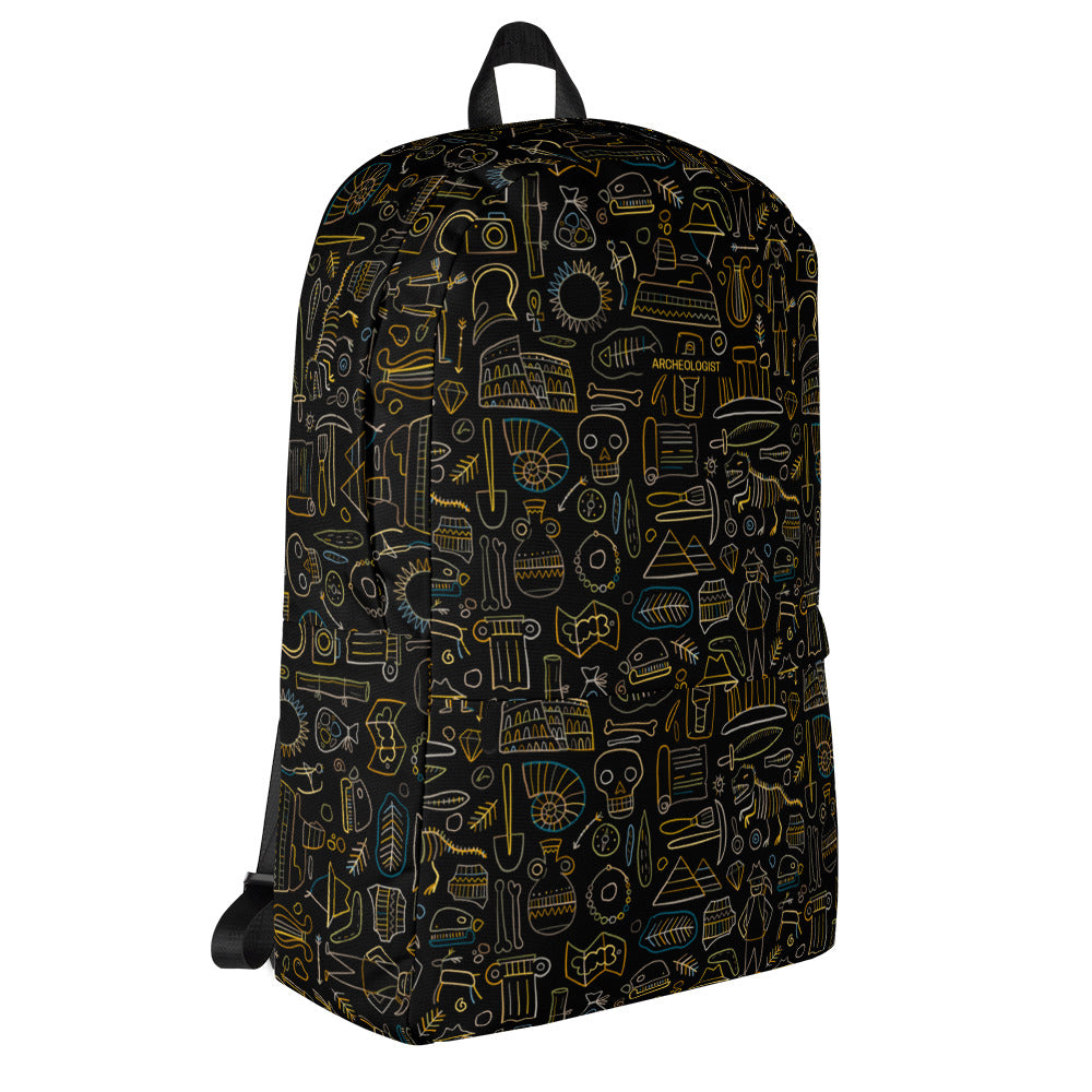 Personalised Backpack for Archeology lover, stylish designer print on black. Basic text you can change - Archeologist. Right