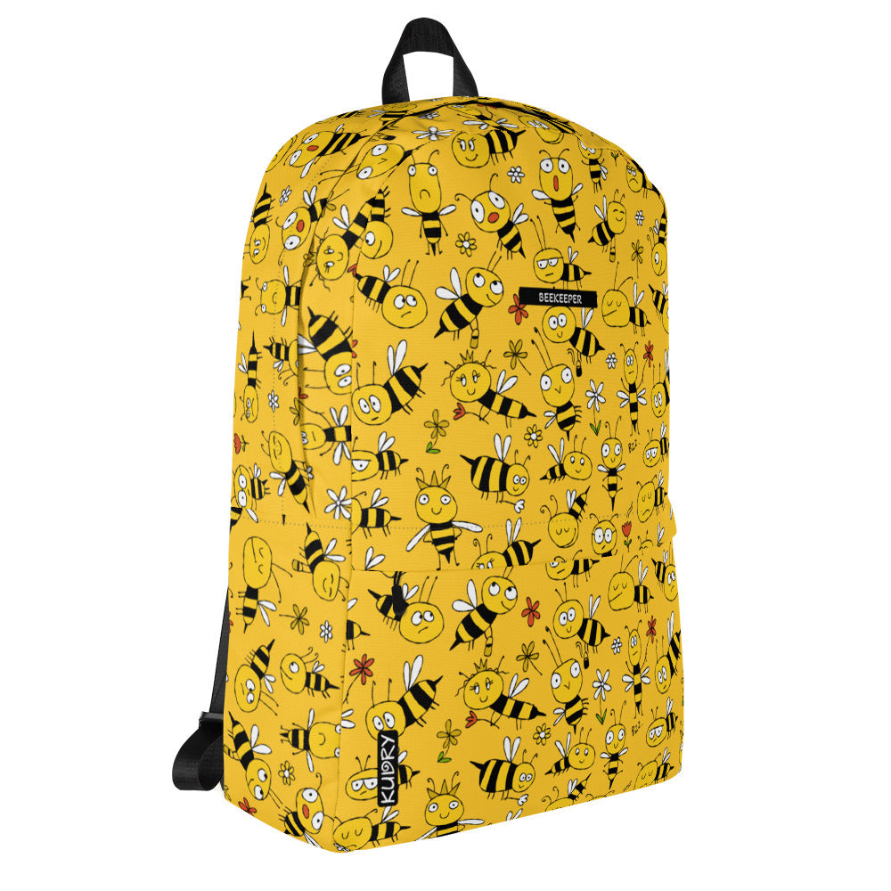 Personalised Backpack yellow with funny bees. Right side