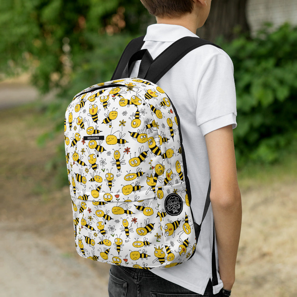 Boy with personalised Backpack with funny bees on white. Basic text you can change - Beekeeper