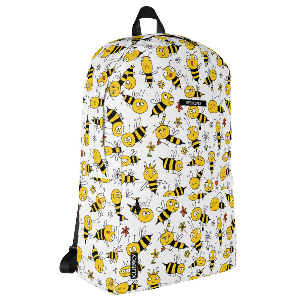 Boy with personalised Backpack with funny bees on white. Basic text you can change - Beekeeper. Right side