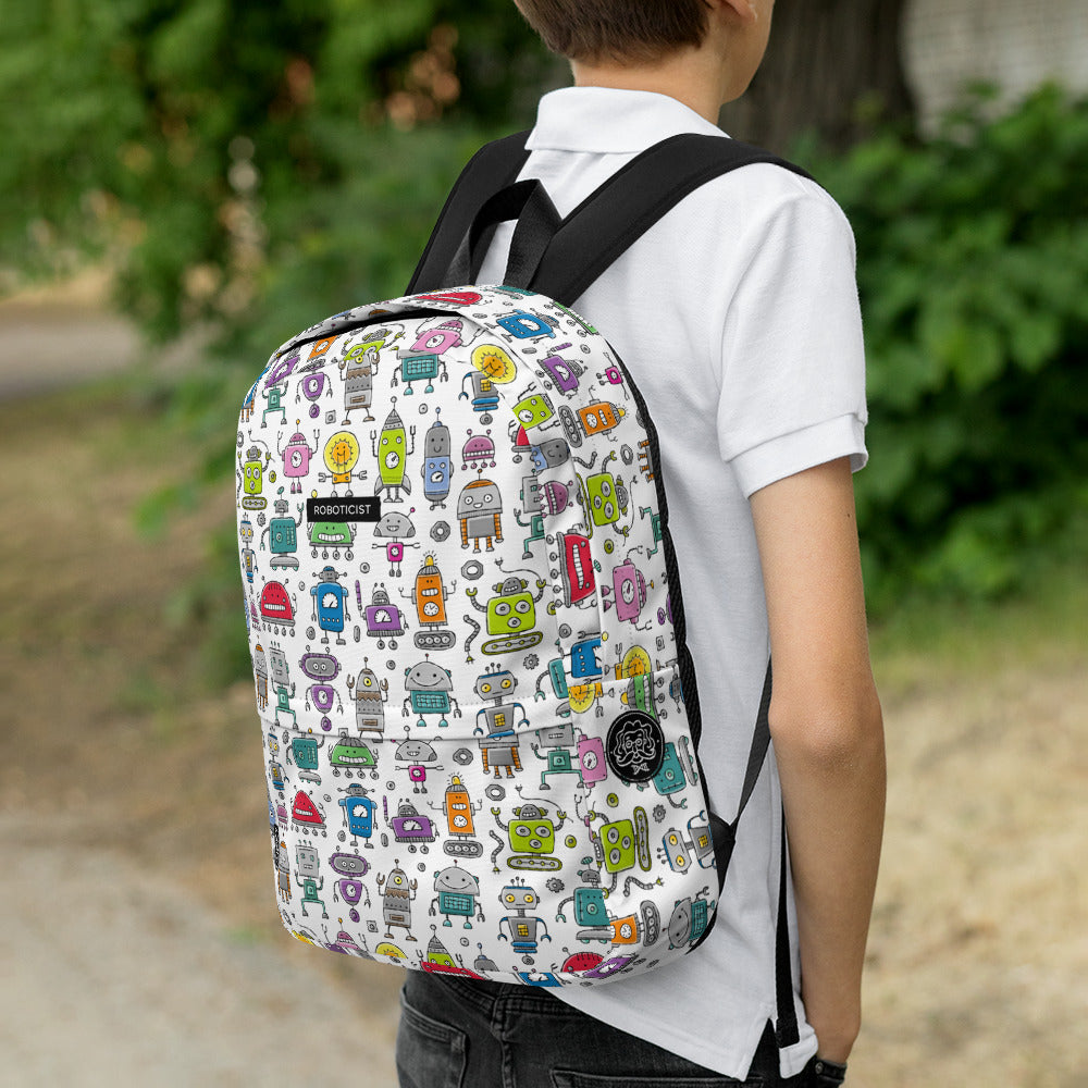 Schoolboy with Personalised Backpack with funny Robots and basic text - Roboticist