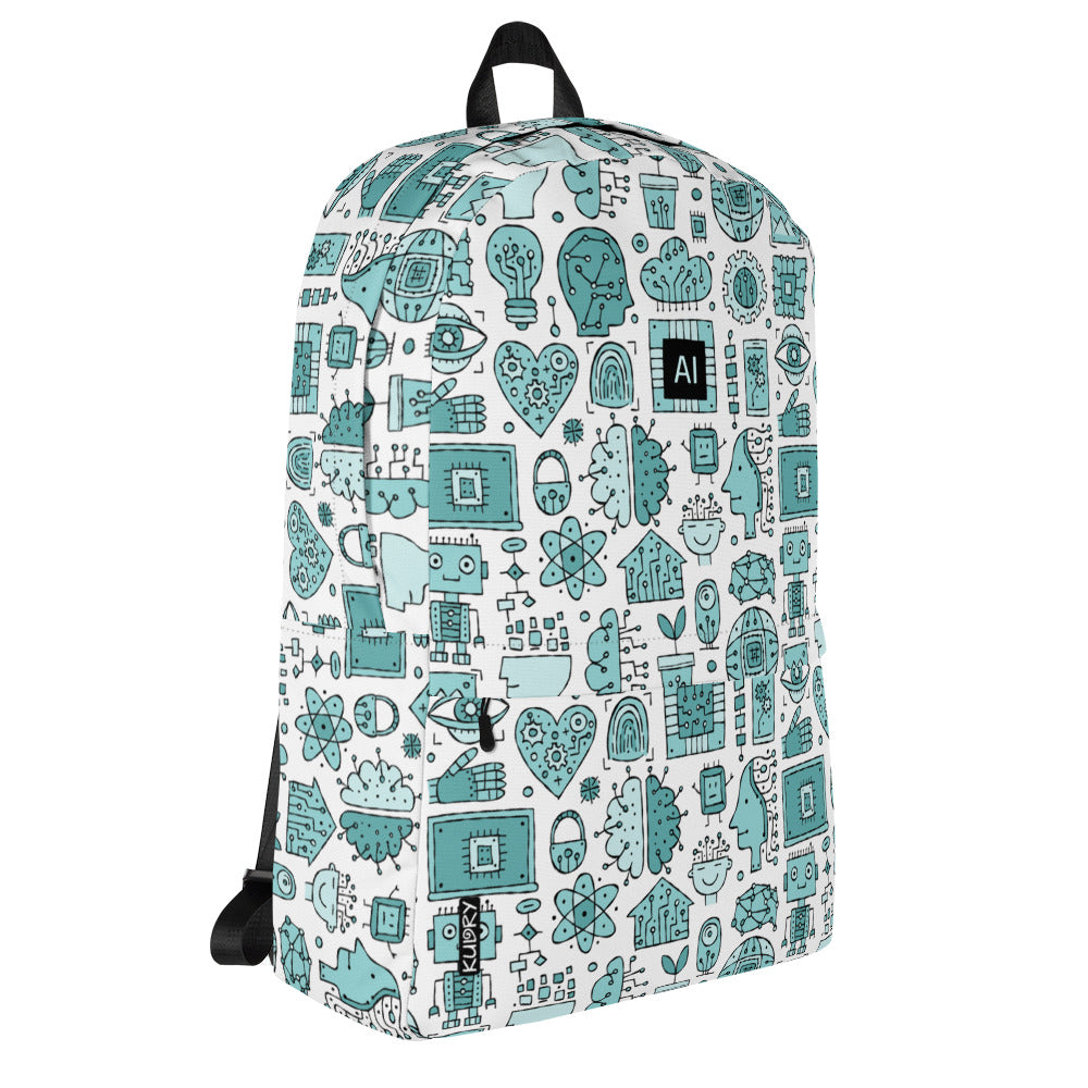 Personalised Backpack AI, turquoise color on white, Artificial Intelligent themed, stylish designer print. Right side