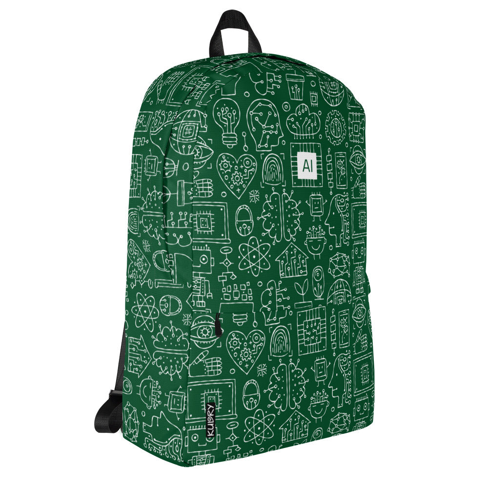 Personalised Backpack AI, dark green color, Artificial Intelligent themed, stylish designer print. Right side
