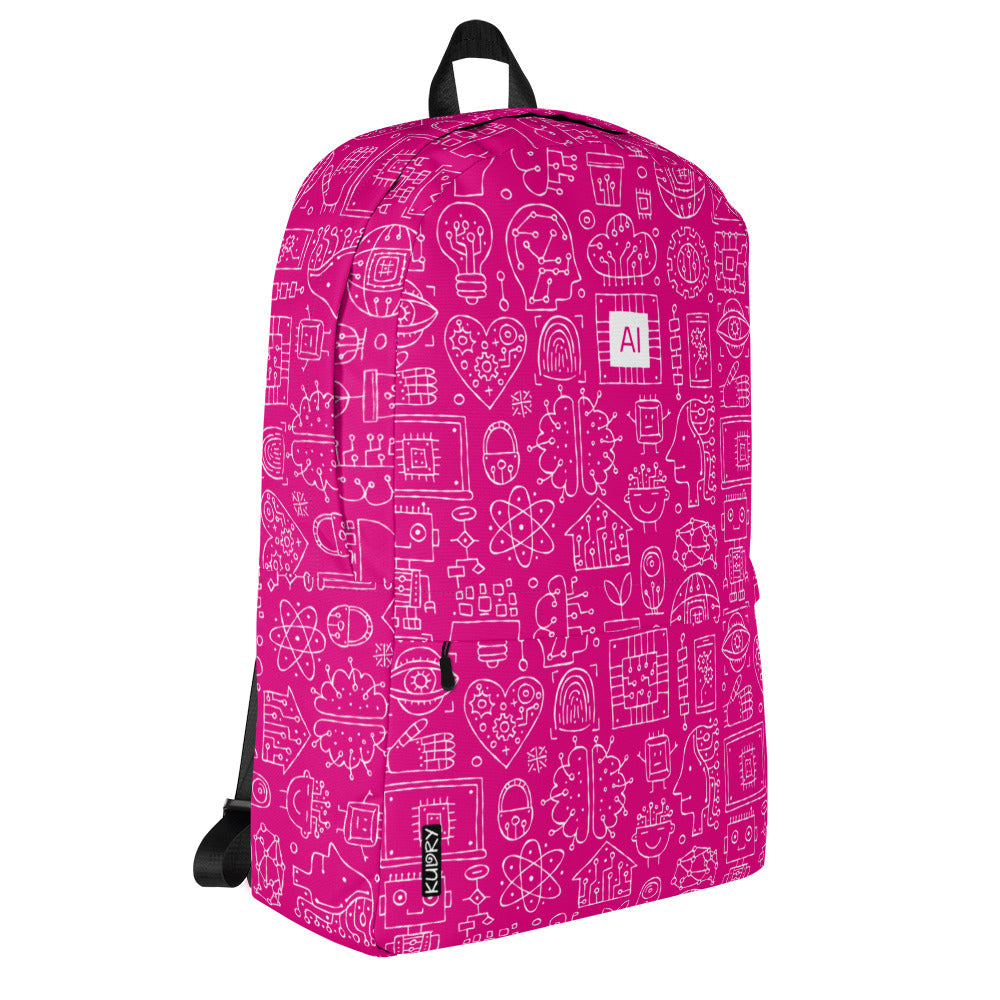 Personalised Backpack AI, pink color, Artificial Intelligent themed, stylish designer print. Right side