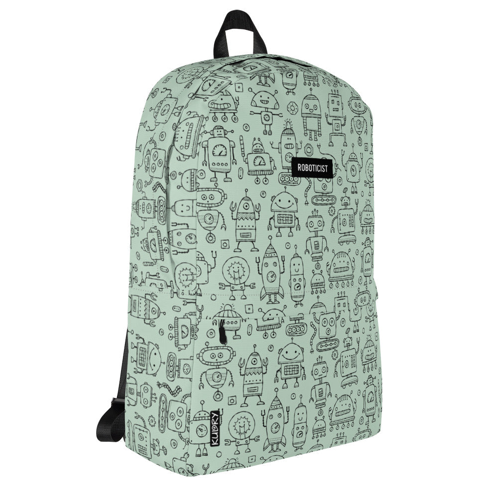 Personalised Backpack light green color with funny Robots and basic text - Roboticist. Right side