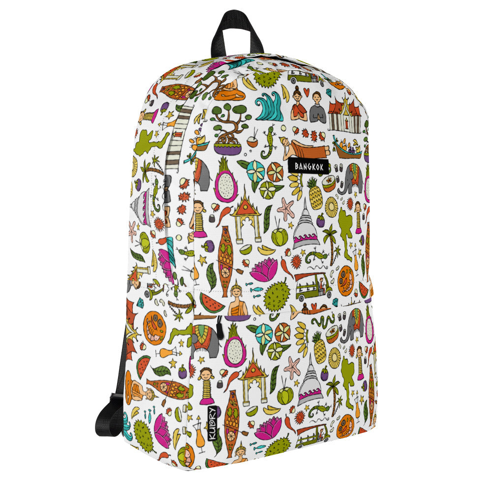 Personalised Backpack for travelers with bright designer print Thailand. Basic text you can change - Bangkok. Right side