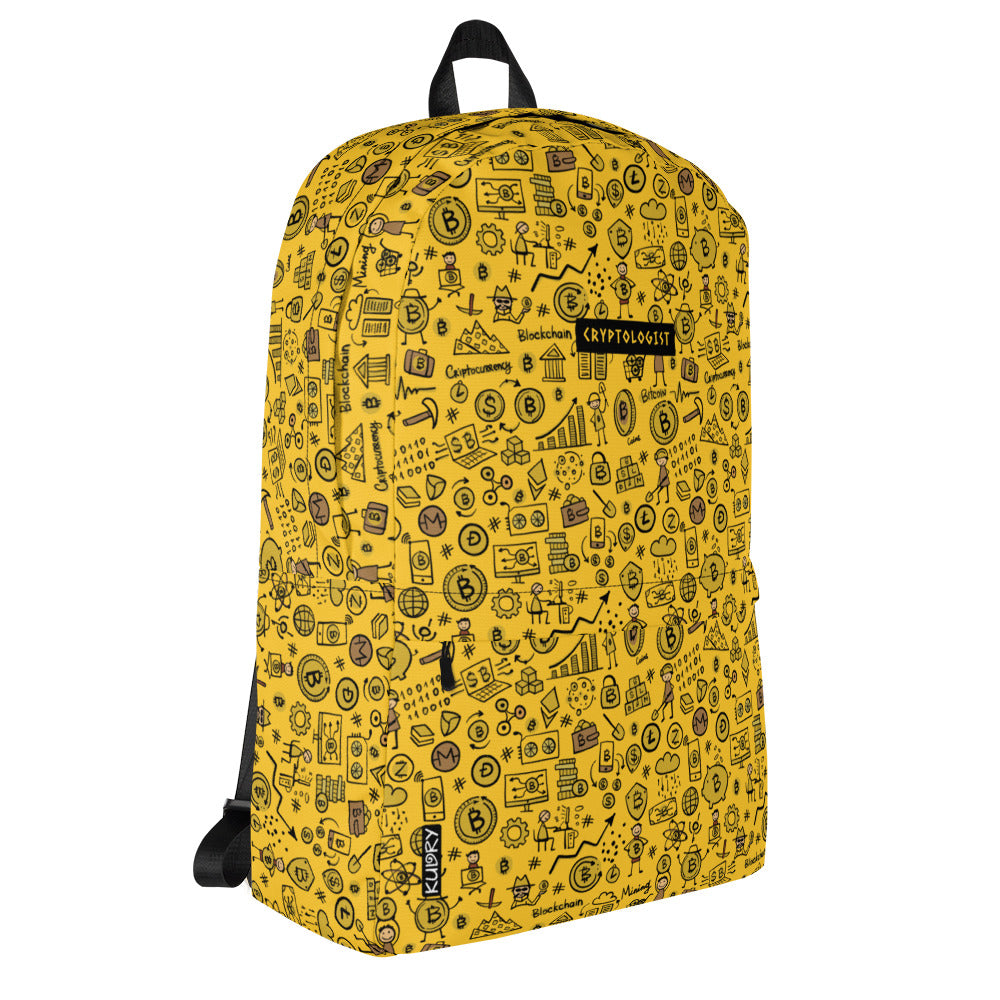 Personalised Cryptocurrency Backpack yellow color, funny designer print with mining Bitcoins concept art. Right side