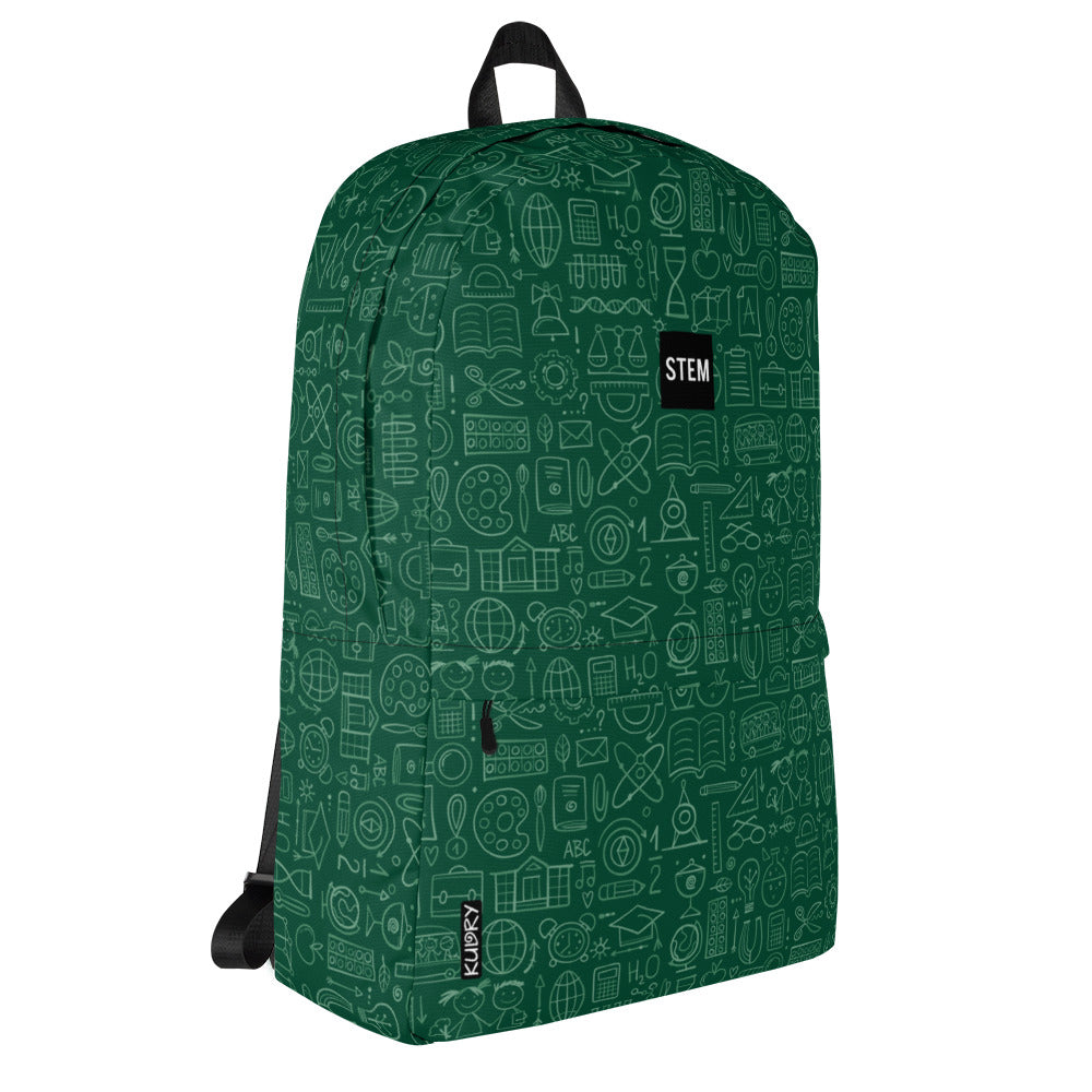 Personalised School Backpack, dark green color, STEM-themed, stylish designer print. Kudry