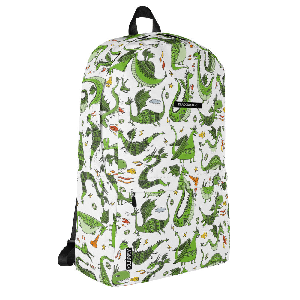 Personalised Backpack with funny green Dragons. Basic text you can change - Dragonologist. Right side