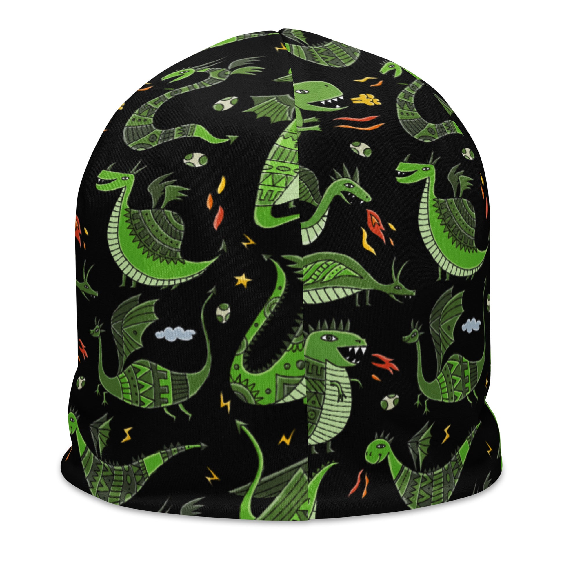 Beanie Black color with Funny Green Dragons designer print, symbol of 2024