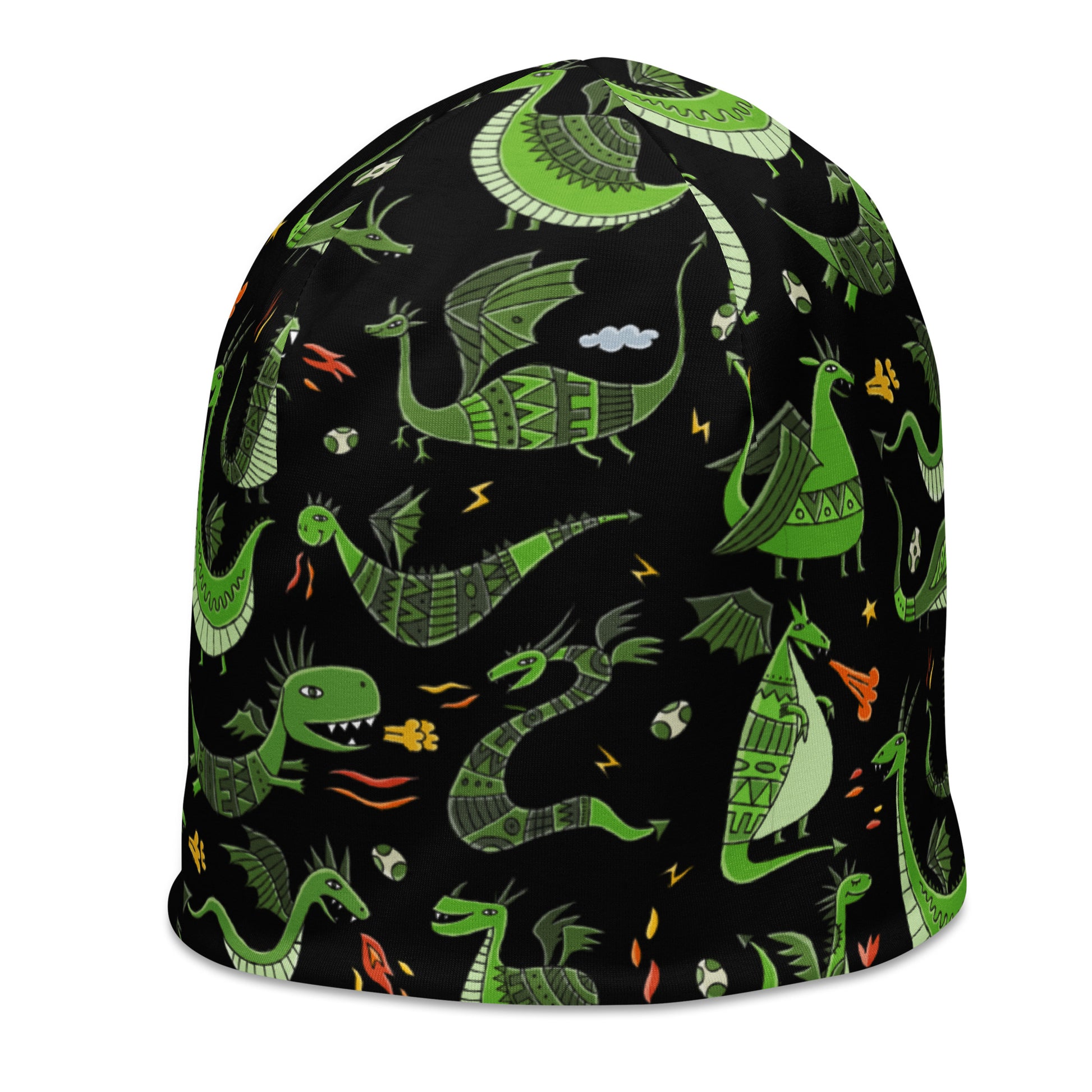 Beanie Black color with Funny Green Dragons designer print, symbol of 2024