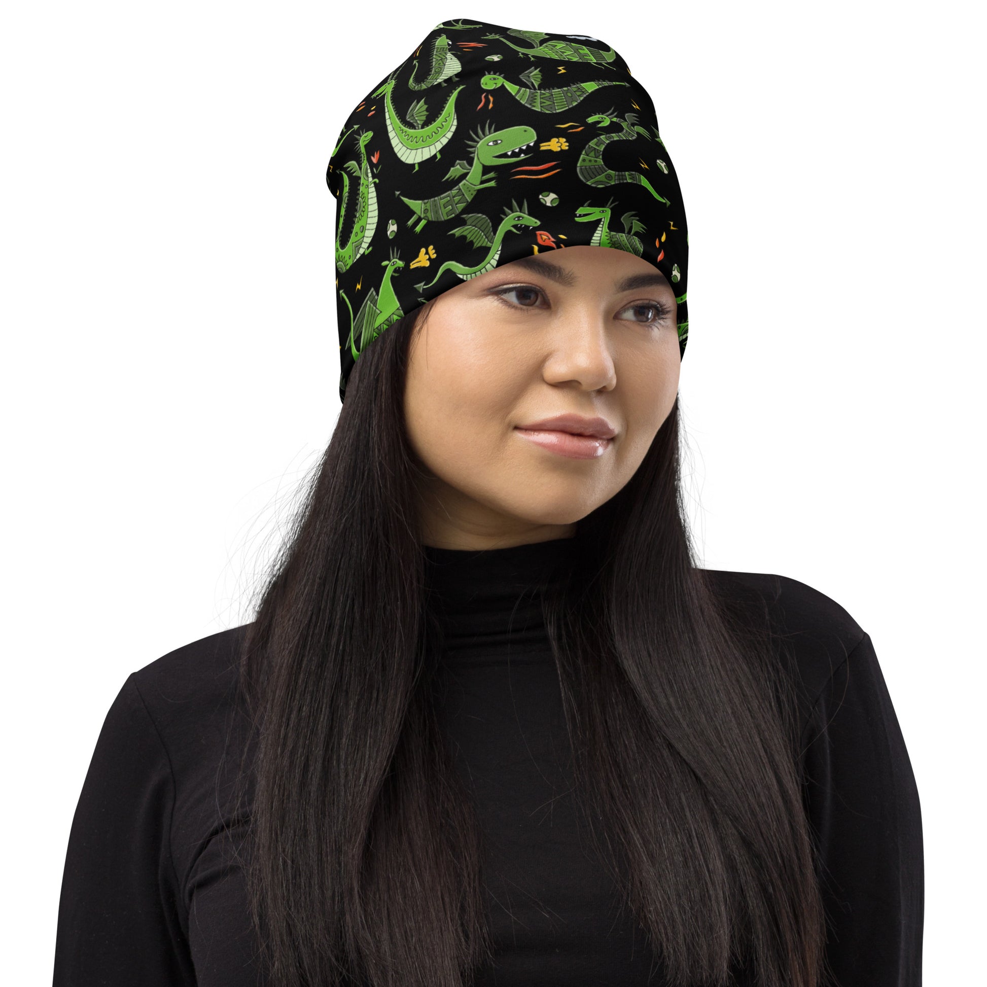 Girl in Beanie Black color with Funny Green Dragons designer print, symbol of 2024