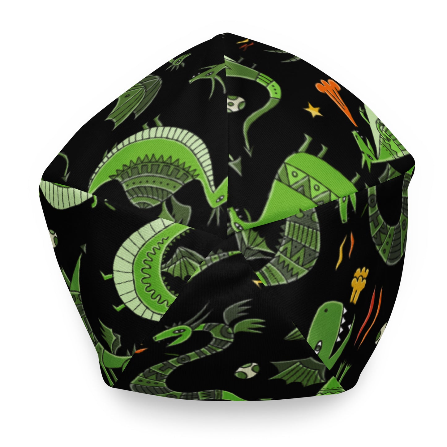 Beanie Black color with Funny Green Dragons designer print, symbol of 2024. Top view