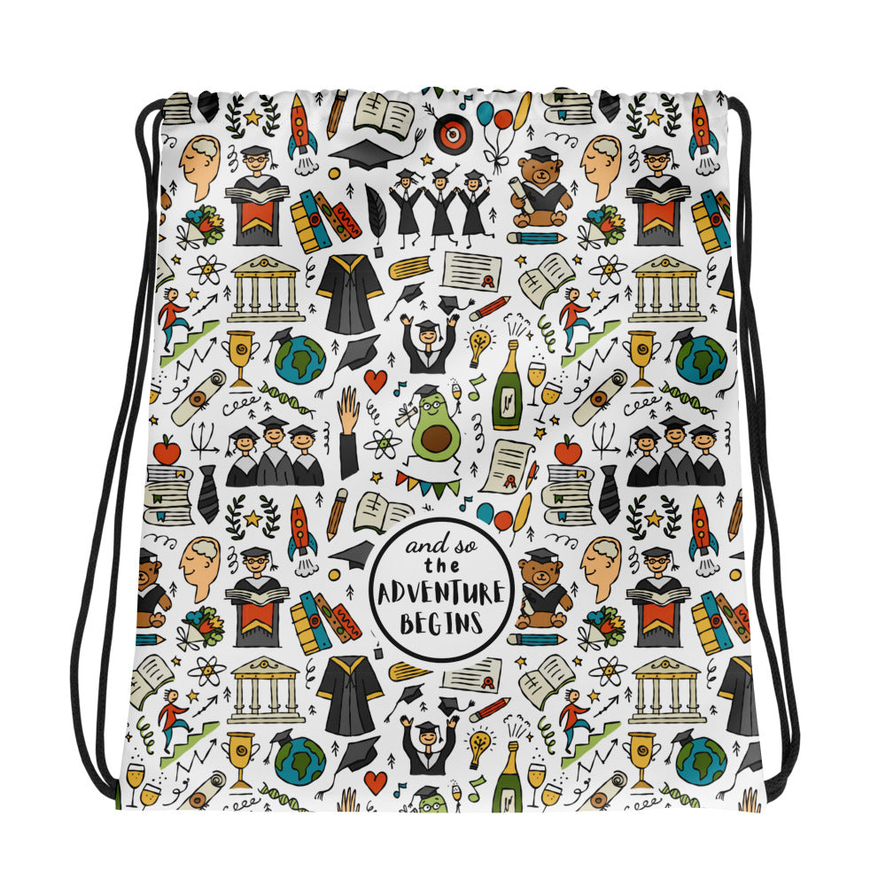 Gift for graduate. Drawstring bag with title - and so, the adventure begins. Text can be changed for custom. Funny print on white - Grad celebration