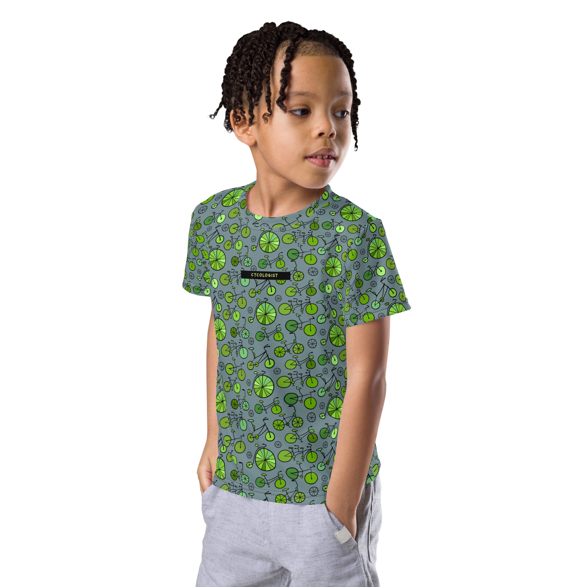 Boy in crew neck t-shirt with green bicycles collection on grey and personalised text (basic text - Cyclogist)