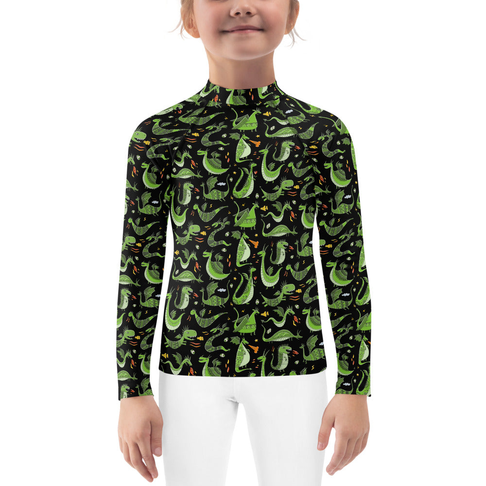 Little girl in Rash Guard black color with funny Green Dragons designer print