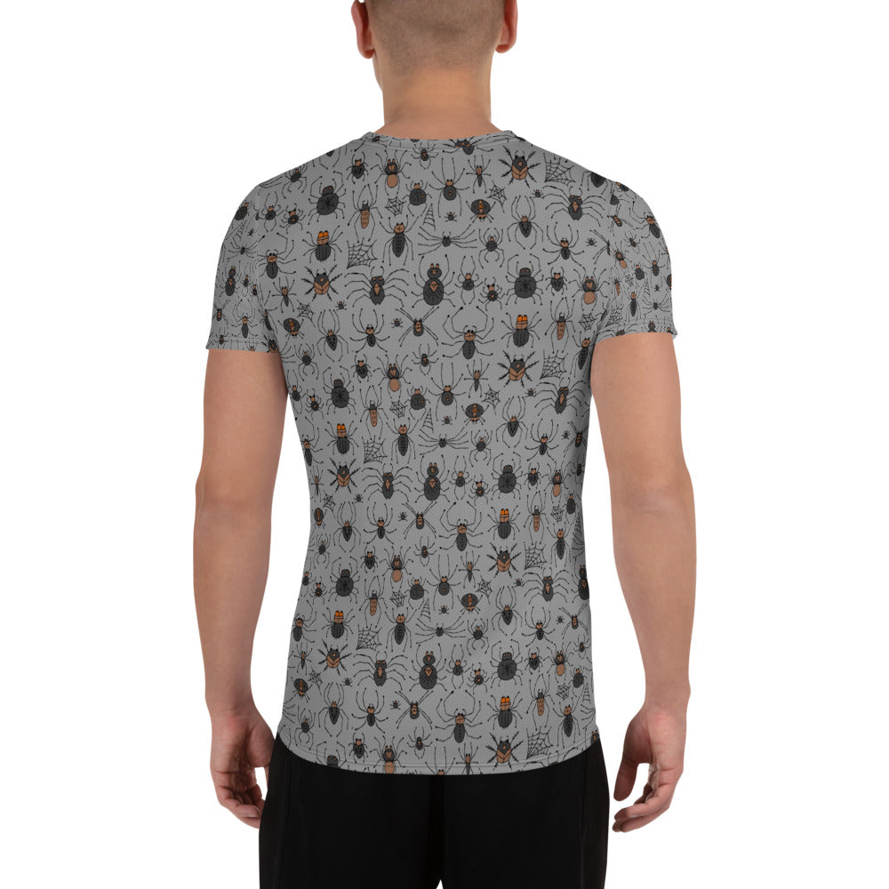 Arachnologist t-shirt all over print grey color with different spiders family. Back side